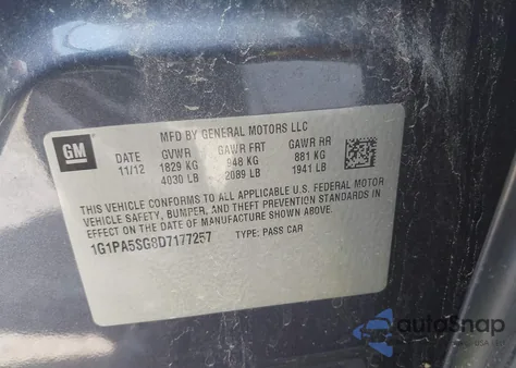 2013 Chevrolet Cruze Ls Auto z USA, uszkodzony, nr VIN 1G1PA5SG8D7177257